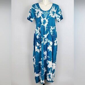 Dharma Trading Co. Women's Hawaiian Blue White Tropical Maxi Cotton Dress Size M